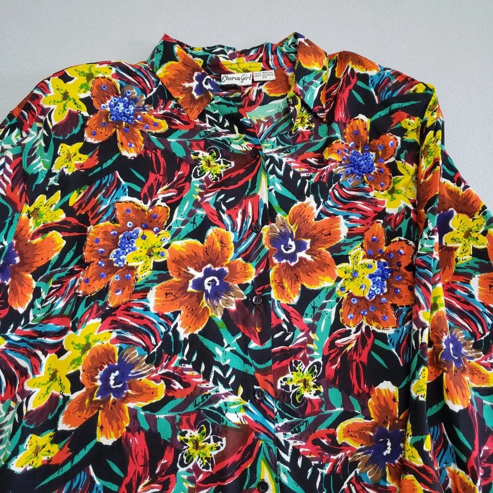 Chorus Girl Vintage 90s Beaded Floral Rayon Button Up Shirt Womens 22 Plus Size - Picture 13 of 14